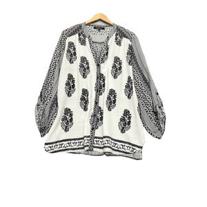 Calessa Women's Tunic Button Up Lightweight Floral Roll Tab‎ Blouse Artsy 2X